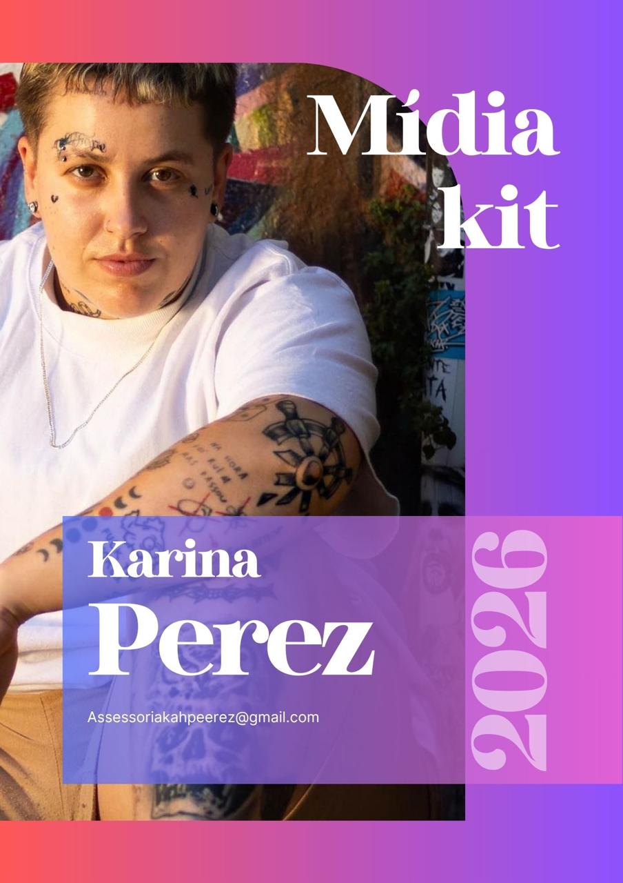 Capa do Mídia Kit 2026 de Karina Perez, com fotografia, nome e o e-mail contato@kahperez.com.