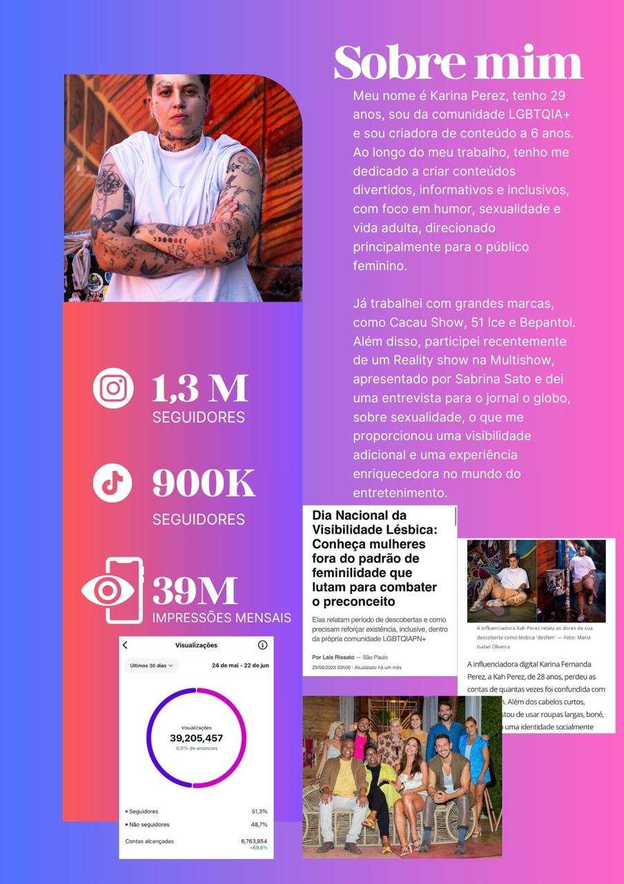 Página Sobre mim com biografia, números de seguidores, impressões mensais e matérias sobre Karina Perez.